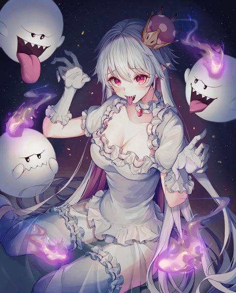 Anime picture 1000x1237 with super mario bros. new super mario bros. u deluxe princess king boo boo (mario) minyumim single long hair tall image looking at viewer blush fringe breasts open mouth light erotic simple background hair between eyes sitting payot cleavage silver hair