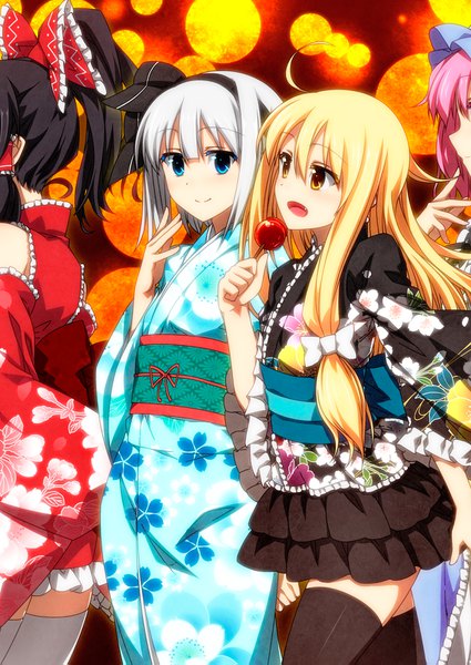 Anime picture 1150x1623 with touhou hakurei reimu kirisame marisa konpaku youmu saigyouji yuyuko myon sazanami mio long hair tall image short hair open mouth blue eyes black hair blonde hair smile multiple girls yellow eyes looking away pink hair silver hair