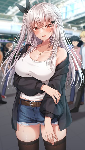 Anime picture 856x1505 with original komori kuzuyu long hair tall image blush fringe breasts open mouth light erotic hair between eyes red eyes large breasts standing cleavage silver hair outdoors long sleeves blurry off shoulder open jacket