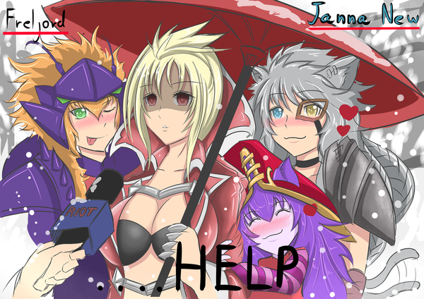 Anime picture 1754x1240 with league of legends lulu (league of legends) rengar (league of legends) vladimir (league of legends) kha'zix (league of legends) torahime (roland00) long hair blush highres short hair light erotic blonde hair smile red eyes multiple girls green eyes animal ears purple hair silver hair tail