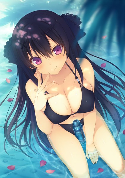 Anime picture 583x829 with ao no kanata no four rhythm sprite (company) tobisawa misaki aotsu karin single tall image looking at viewer blush fringe breasts light erotic black hair smile hair between eyes large breasts sitting purple eyes bare shoulders payot cleavage