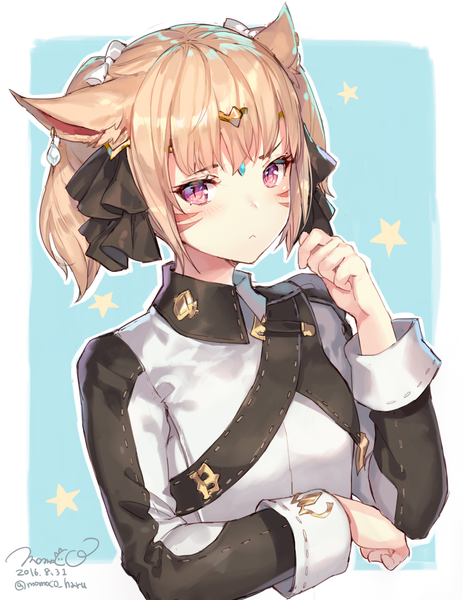 Anime picture 800x1035 with final fantasy final fantasy xiv square enix miqo'te momoko (momopoco) single tall image looking at viewer fringe short hair blonde hair simple background twintails signed animal ears payot upper body pink eyes cat ears cat girl