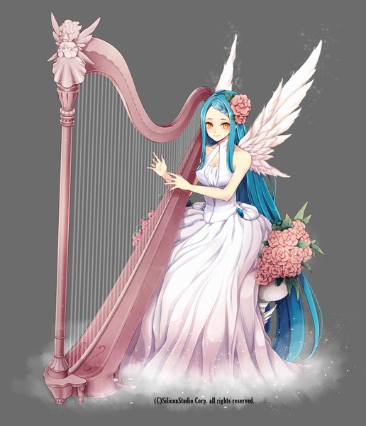 Anime picture 860x1000 with original millgua single long hair tall image looking at viewer blue hair orange eyes playing instrument girl dress flower (flowers) wings musical instrument harp