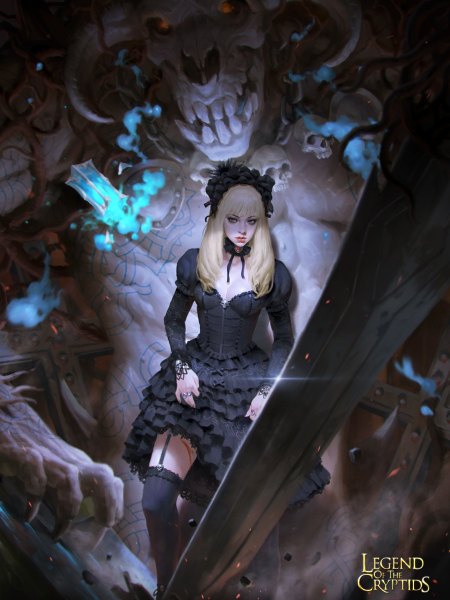 Anime picture 900x1200 with legend of the cryptids kilart (artist) single long hair tall image fringe blue eyes blonde hair looking away cleavage bent knee (knees) horn (horns) lips realistic puffy sleeves copyright name shaded face demon skeleton gothic