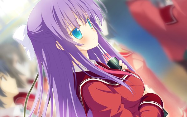 Anime picture 2048x1280 with astralair no shiroki towa mizunose kotori long hair blush highres blue eyes looking away game cg purple hair girl uniform school uniform