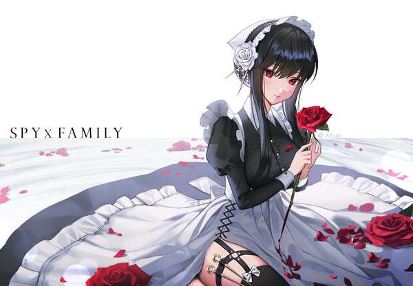 Anime picture 2923x2026 with spy x family yor briar kkuni single long hair looking at viewer fringe highres black hair simple background smile hair between eyes red eyes white background sitting holding long sleeves maid copyright name girl