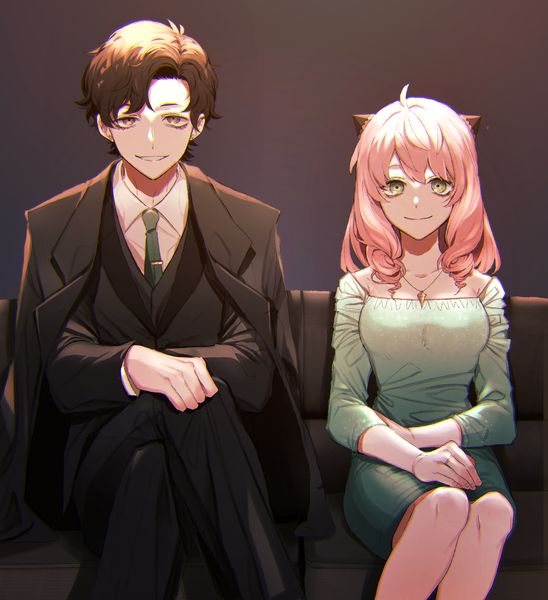 Anime picture 4272x4680 with spy x family anya (spy x family) damian desmond meomoicecr long hair tall image looking at viewer fringe highres short hair smile hair between eyes brown hair sitting brown eyes green eyes pink hair absurdres grin crossed legs