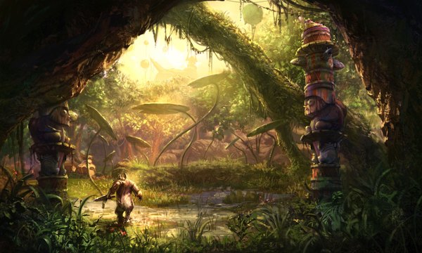 Anime picture 1600x960 with tera online wide image horn (horns) from behind wallpaper overgrown weapon plant (plants) tree (trees) forest sun statue