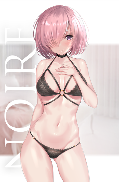 Anime picture 673x1024 with fate (series) fate/grand order mash kyrielight ero waifu single tall image looking at viewer blush fringe short hair breasts light erotic smile large breasts standing purple eyes pink hair cleavage hair over one eye depth of field