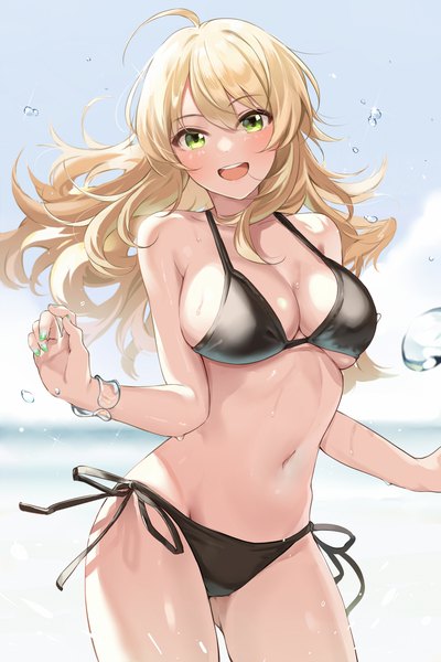 Anime picture 1200x1800 with idolmaster idolmaster (classic) hoshii miki kurokin single long hair tall image looking at viewer blush fringe breasts open mouth light erotic blonde hair smile hair between eyes large breasts standing green eyes cleavage