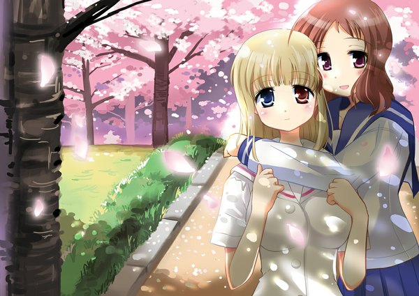 Anime picture 1096x777 with saki takei hisa fukuji mihoko piaroo (artist) blush blonde hair brown hair multiple girls pink eyes hug heterochromia cherry blossoms girl 2 girls plant (plants) petals tree (trees) serafuku