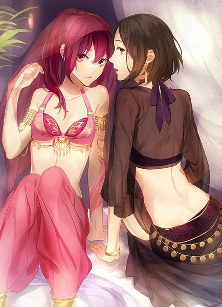 Anime picture 724x1000 with free! kyoto animation matsuoka gou amakata miho shirasaki long hair tall image blush short hair open mouth light erotic black hair red eyes sitting bare shoulders multiple girls ponytail red hair black eyes bare belly