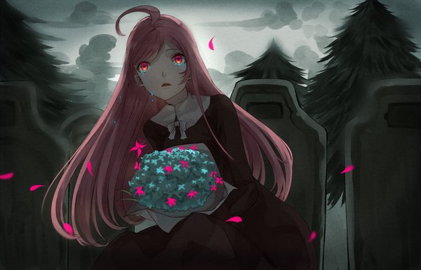 Anime picture 2000x1285 with vocaloid miki (vocaloid) tomaeda (bravered) single long hair highres open mouth pink hair ahoge pink eyes tears crying girl flower (flowers) bow plant (plants) petals tree (trees) bouquet cemetery
