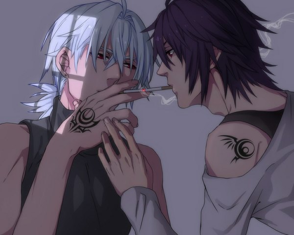 Anime picture 1000x800 with original shirousagi (artist) fringe short hair simple background bare shoulders holding blue hair purple hair ponytail profile pink eyes off shoulder multiple boys shadow tattoo piercing mouth hold smoke smoking