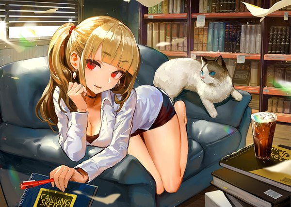 Anime picture 1600x1141 with original canking single long hair looking at viewer fringe breasts open mouth blonde hair smile red eyes holding payot cleavage full body bent knee (knees) ponytail indoors blunt bangs head tilt