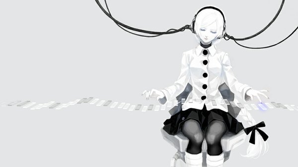 Anime picture 1000x563 with original tagme (artist) single fringe short hair simple background wide image sitting white hair eyes closed nail polish fingernails grey background monochrome pale skin girl skirt bow pantyhose boots