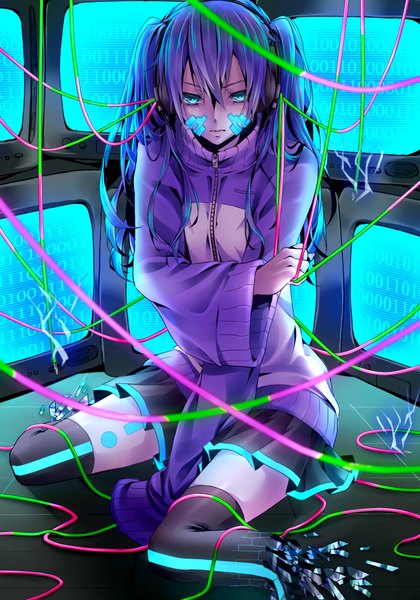 Anime picture 1400x2000 with kagerou project shaft (studio) ene (kagerou project) noah. single long hair tall image fringe sitting twintails blue hair pleated skirt aqua eyes wide sleeves glowing glowing eye (eyes) girl skirt headphones monitor