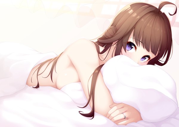 Anime picture 4093x2894 with kantai collection kongou battleship ochiai miyabi single long hair looking at viewer blush fringe highres breasts light erotic simple background brown hair white background purple eyes absurdres ahoge nude covered mouth pillow hug