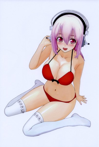 Anime picture 2341x3456 with nitroplus super sonico tsuji santa single tall image highres open mouth light erotic simple background white background bare shoulders pink hair pink eyes scan girl thighhighs navel swimsuit bikini white thighhighs