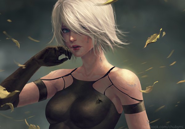 Anime picture 2500x1750 with nier nier:automata yorha type a no. 2 chubymi single looking at viewer fringe highres short hair breasts blue eyes simple background bare shoulders signed upper body white hair parted lips wind lips hair over one eye