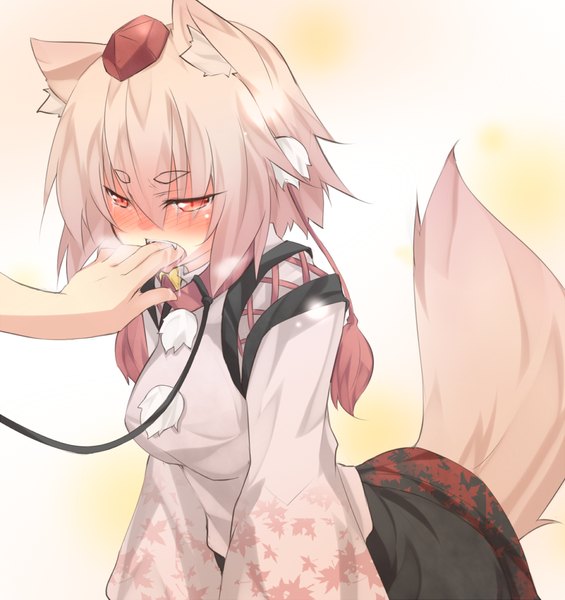 Anime picture 1000x1063 with touhou inubashiri momiji kazami ryouya tall image blush fringe short hair breasts open mouth light erotic simple background hair between eyes red eyes animal ears silver hair tail traditional clothes head tilt japanese clothes animal tail