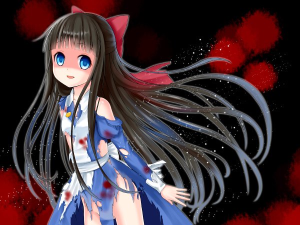 Anime picture 1200x900 with setona (daice) single long hair looking at viewer blush open mouth blue eyes light erotic black hair torn clothes dark background girl dress bow hair bow pendant blood