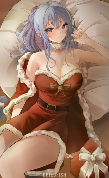 Anime picture 2950x4824 with virtual youtuber hololive hoshimachi suisei realdriedfish single long hair tall image looking at viewer blush fringe highres breasts blue eyes light erotic smile hair between eyes large breasts bare shoulders signed blue hair