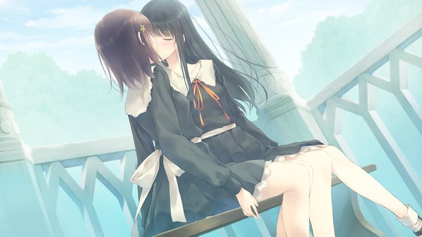 Anime picture 1280x720 with flowers (innocent grey) innocent grey shirahane suou kousaka mayuri long hair blush short hair black hair brown hair wide image sitting multiple girls game cg eyes closed shoujo ai kiss girl dress uniform 2 girls