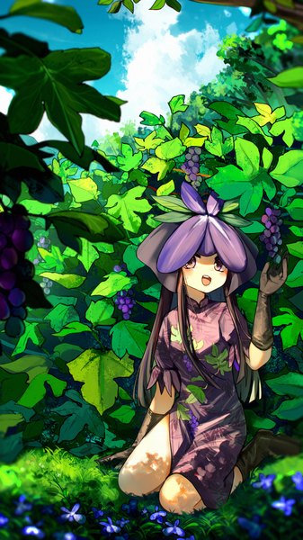 Anime picture 2160x3840 with touhou yomotsu hisami kourou (kouroukun) single long hair tall image highres open mouth black hair purple eyes sky cloud (clouds) outdoors :d side slit girl dress gloves flower (flowers) black gloves