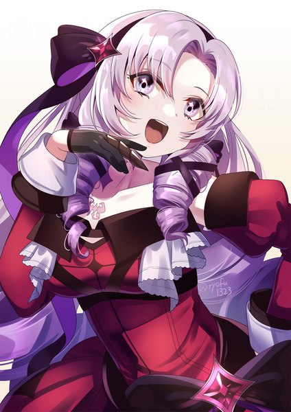 Anime picture 1059x1500 with virtual youtuber nijisanji hyakumantenbara salome hyakumantenbara salome (1st costume) ryofuhiko single long hair tall image open mouth simple background white background purple eyes purple hair upper body :d hand on hip drill hair tress ribbon girl dress