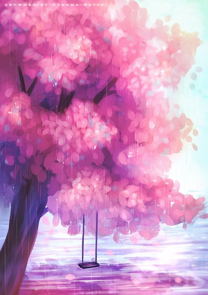 Anime picture 990x1400 with original hyanna-natsu tall image signed cherry blossoms reflection rain no people scenic lake plant (plants) tree (trees) water swing