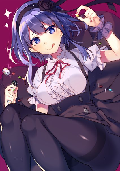 Anime picture 800x1131 with dagashi kashi feel (studio) shidare hotaru kureaki (exit) single tall image looking at viewer blush short hair breasts simple background smile purple eyes holding purple hair bent knee (knees) lying nail polish arm up from above