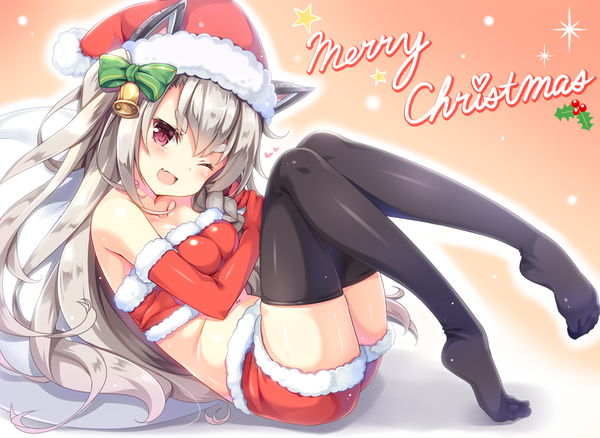 Anime picture 1000x731 with azur lane yuudachi (azur lane) moeki yuuta single long hair looking at viewer blush fringe open mouth light erotic smile hair between eyes red eyes animal ears one eye closed grey hair fang (fangs) fur trim fake animal ears christmas