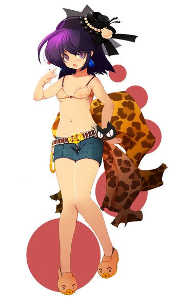 Anime picture 1169x2020 with tsunekun single tall image short hair open mouth simple background white background purple eyes purple hair legs girl navel hair ornament hat earrings shorts belt bikini top