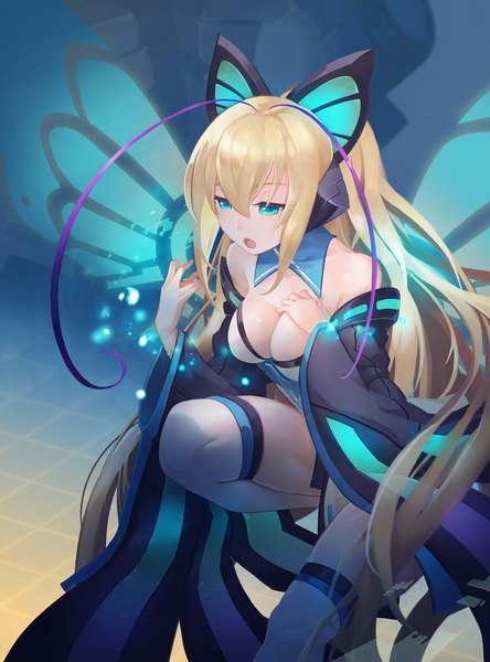 Anime picture 1483x2000 with azure striker gunvolt lumen (gunvolt) johnson zhuang single tall image fringe breasts open mouth light erotic blonde hair hair between eyes bare shoulders payot cleavage bent knee (knees) ponytail very long hair aqua eyes looking down girl