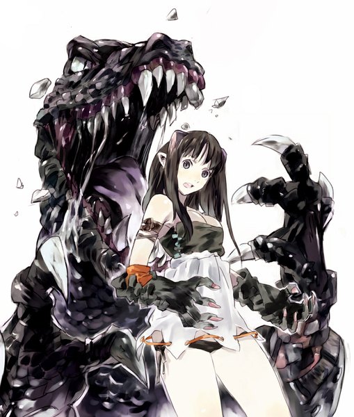 Anime picture 888x1045 with original moulton long hair tall image looking at viewer fringe breasts open mouth light erotic black hair simple background white background teeth grey eyes legs saliva sharp teeth girl dress gloves