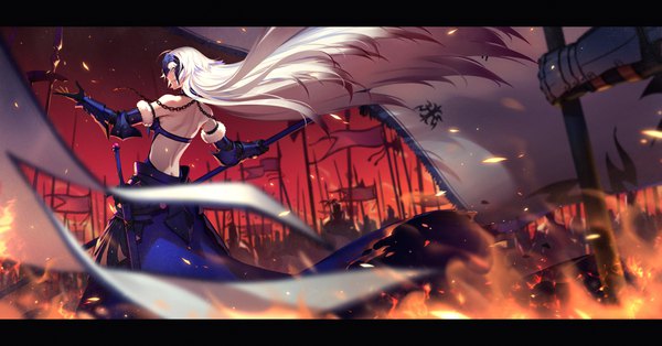Anime picture 4134x2164 with fate (series) fate/grand order jeanne d'arc (fate) (all) jeanne d'arc alter (fate) jeanne d'arc alter (avenger) (third ascension) (fate) q9q single highres wide image yellow eyes absurdres silver hair very long hair profile from behind back letterboxed spread arms bare back girl