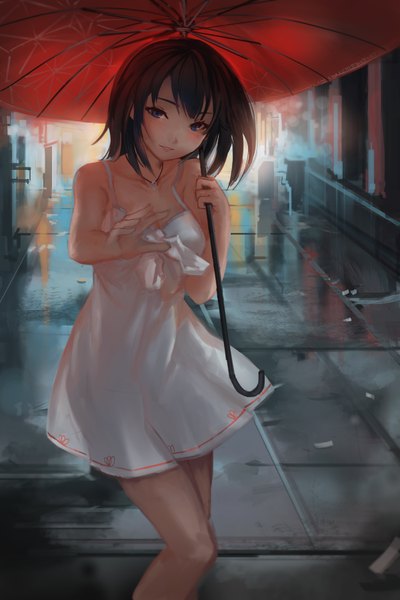 Anime picture 2400x3600 with original saimon ma single tall image looking at viewer highres short hair blue eyes black hair girl dress umbrella sundress