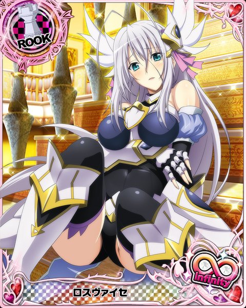 Anime picture 640x800 with highschool dxd rossweisse single long hair tall image looking at viewer blush blue eyes light erotic white hair pantyshot pantyshot sitting card (medium) girl thighhighs dress hair ornament underwear panties black thighhighs