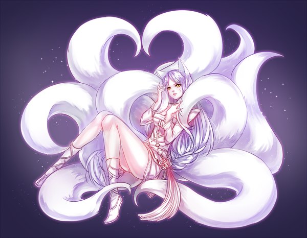 Anime picture 1400x1089 with league of legends ahri (league of legends) zenithomocha single long hair light erotic simple background smile animal ears yellow eyes white hair tail long sleeves traditional clothes japanese clothes animal tail fox ears facial mark fox tail monochrome