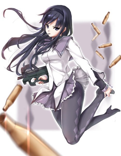 Anime picture 1090x1400 with mahou shoujo madoka magica shaft (studio) akemi homura muto (uadocjon 21) single long hair tall image looking at viewer black hair black eyes girl dress weapon hairband gun thigh boots