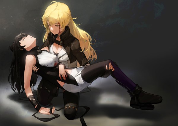 Anime picture 1500x1067 with rwby rooster teeth blake belladonna yang xiao long modare long hair fringe breasts black hair blonde hair multiple girls ahoge eyes closed carrying princess carry girl 2 girls pantyhose shoes blood