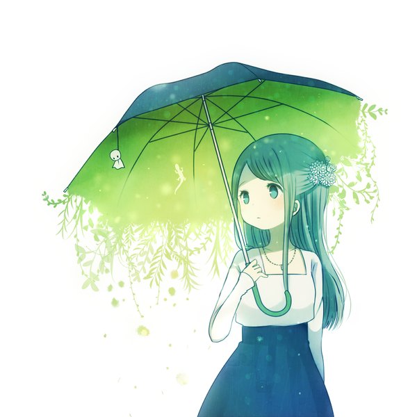 Anime picture 800x800 with original ayu (mog) single long hair blush fringe open mouth standing white background holding green eyes looking away hair flower green hair arm behind back ghost girl dress hair ornament flower (flowers)