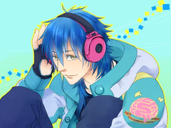 Anime picture 1200x900 with dramatical murder nitro+chiral aoba (dmmd) single long hair yellow eyes blue hair light smile jacket headphones fingerless gloves