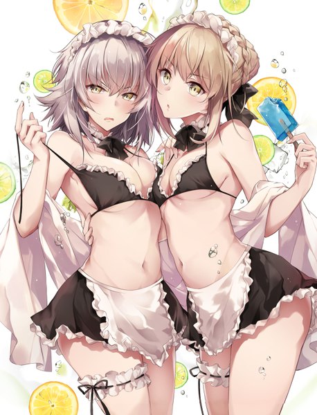 Anime picture 610x800 with fate (series) fate/grand order artoria pendragon (all) jeanne d'arc (fate) (all) jeanne d'arc alter (fate) artoria pendragon (alter swimsuit rider) (fate) hirai yuzuki tall image looking at viewer blush fringe short hair breasts open mouth light erotic simple background blonde hair hair between eyes large breasts standing