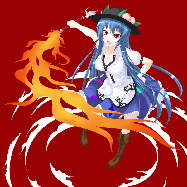 Anime picture 2000x2000 with touhou hinanawi tenshi gmot single long hair highres open mouth red eyes blue hair girl dress hat sword fire