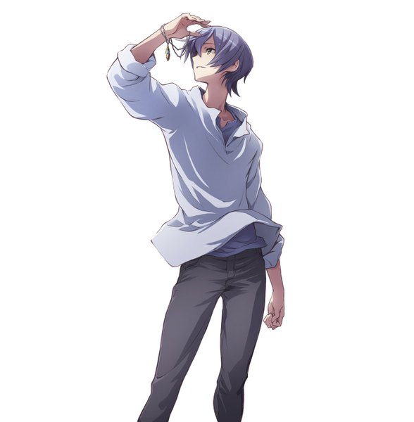 Anime picture 1445x1474 with captain earth studio bones arashi teppei minato fumi single tall image short hair simple background smile red eyes white background looking away purple hair boy pendant pants t-shirt