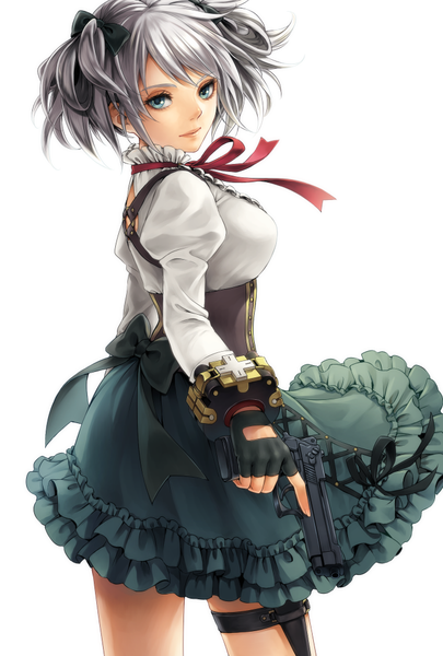 Anime picture 689x1020 with god eater god eater 2 ufotable ciel alencon lotter75 single long hair tall image fringe breasts standing twintails green eyes silver hair light smile lips girl dress skirt gloves