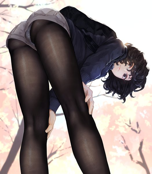 Anime picture 1000x1143 with original kaoming single tall image looking at viewer blush fringe short hair light erotic black hair hair between eyes standing holding outdoors ass long sleeves looking back from behind black eyes from below