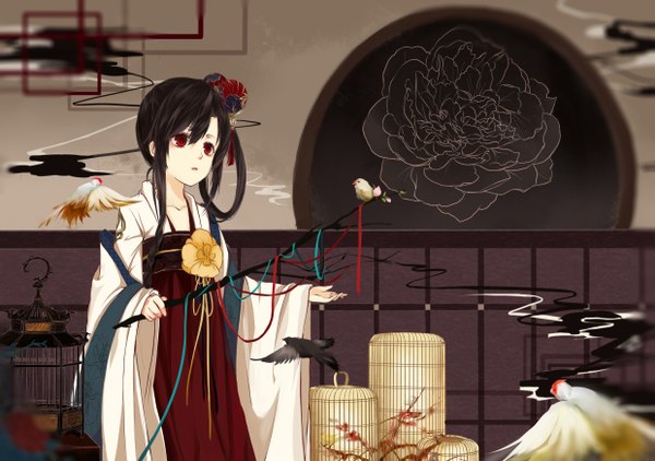 Anime picture 2480x1748 with original msxg single long hair fringe highres red eyes brown hair standing holding indoors traditional clothes wide sleeves chinese clothes girl hair ornament ribbon (ribbons) animal bird (birds) obi